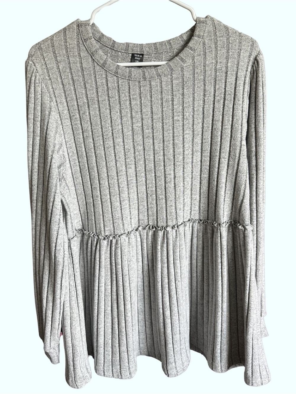 SHEIN Ribbed Peplum Long-Sleeve Top - Light Gray